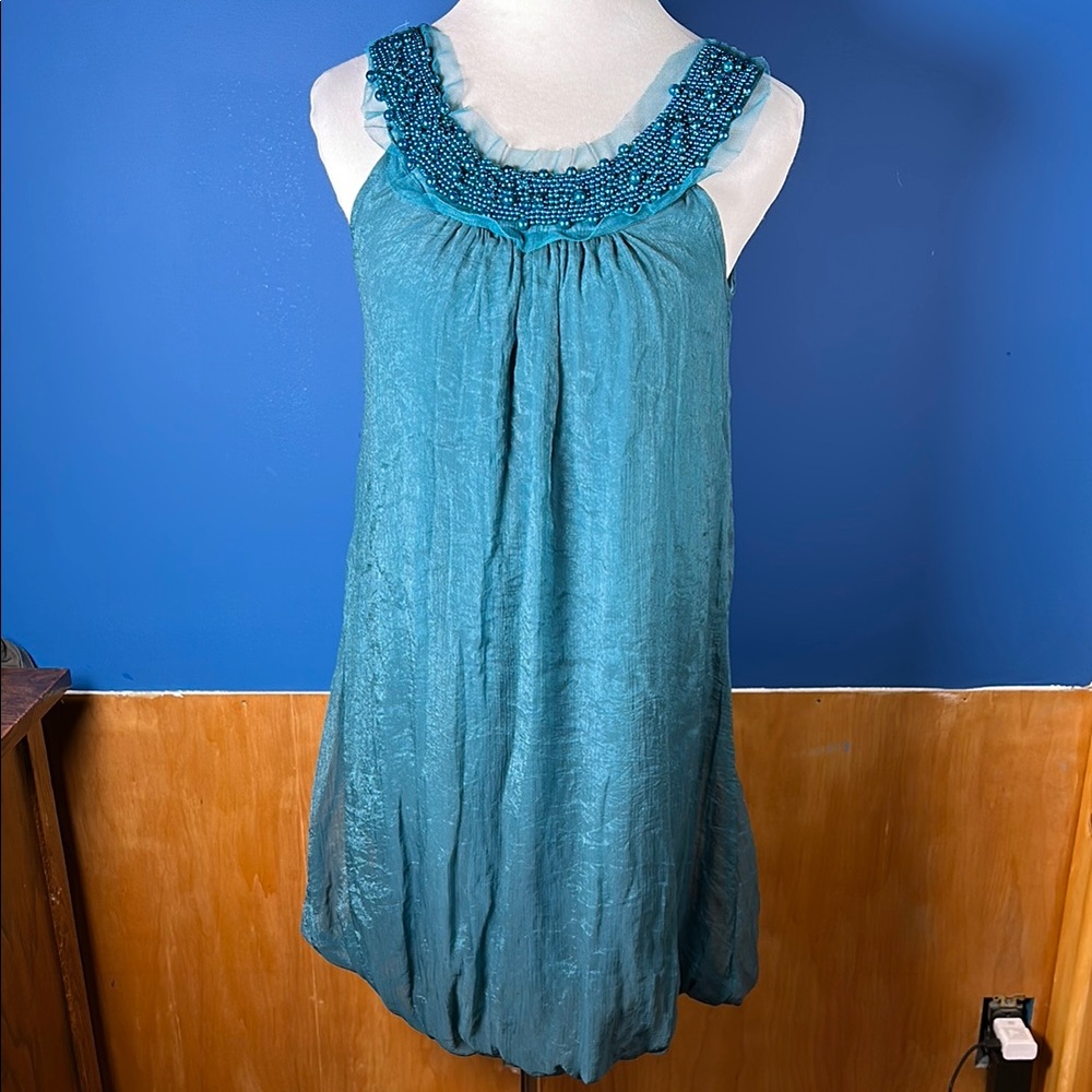 Teal Sleeveless Dress with Beaded Neckline
